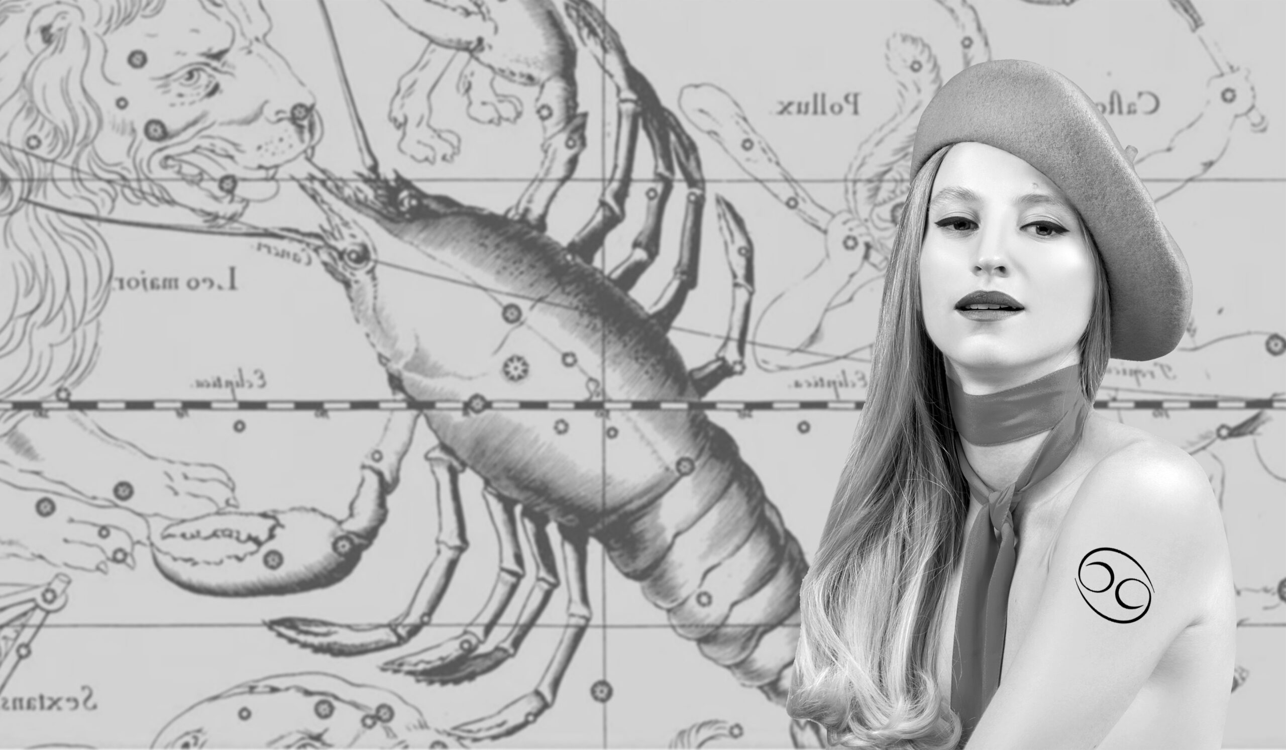 Cancer Zodiac Sign. Astrology and horoscope concept, Beautiful woman Cancer on zodiac map