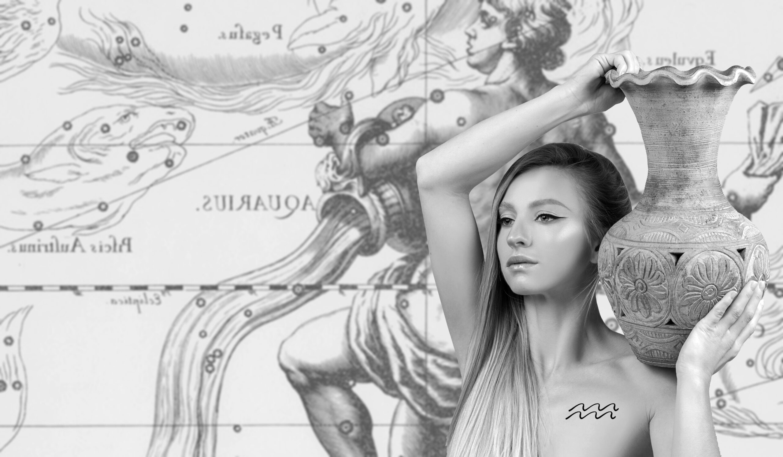 Aquarius Zodiac Sign. Astrology and horoscope concept, Beautiful woman Aquarius on zodiac map