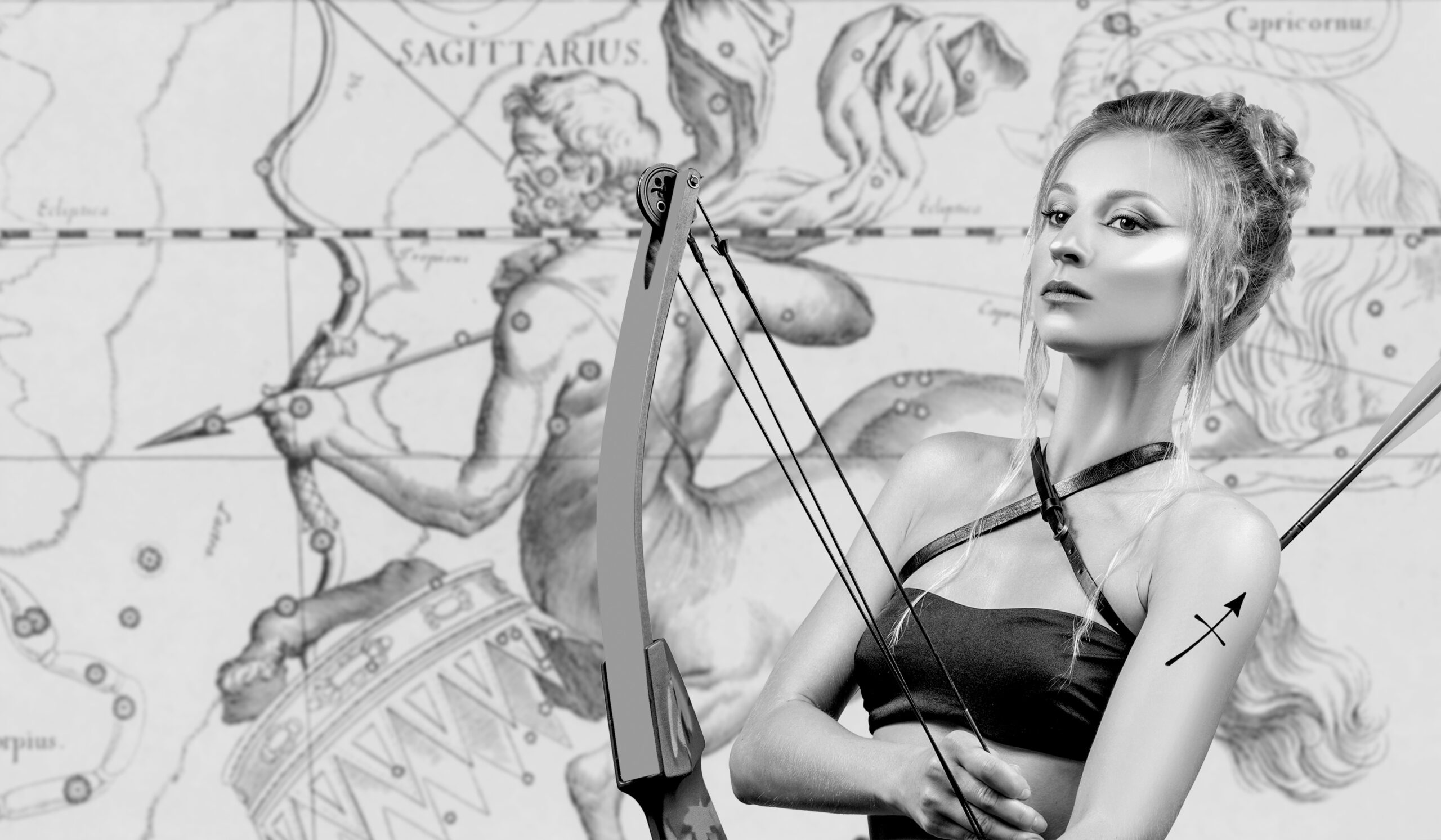 Sagittarius Zodiac Sign. Astrology and horoscope concept, Beautiful woman Sagittarius on zodiac map