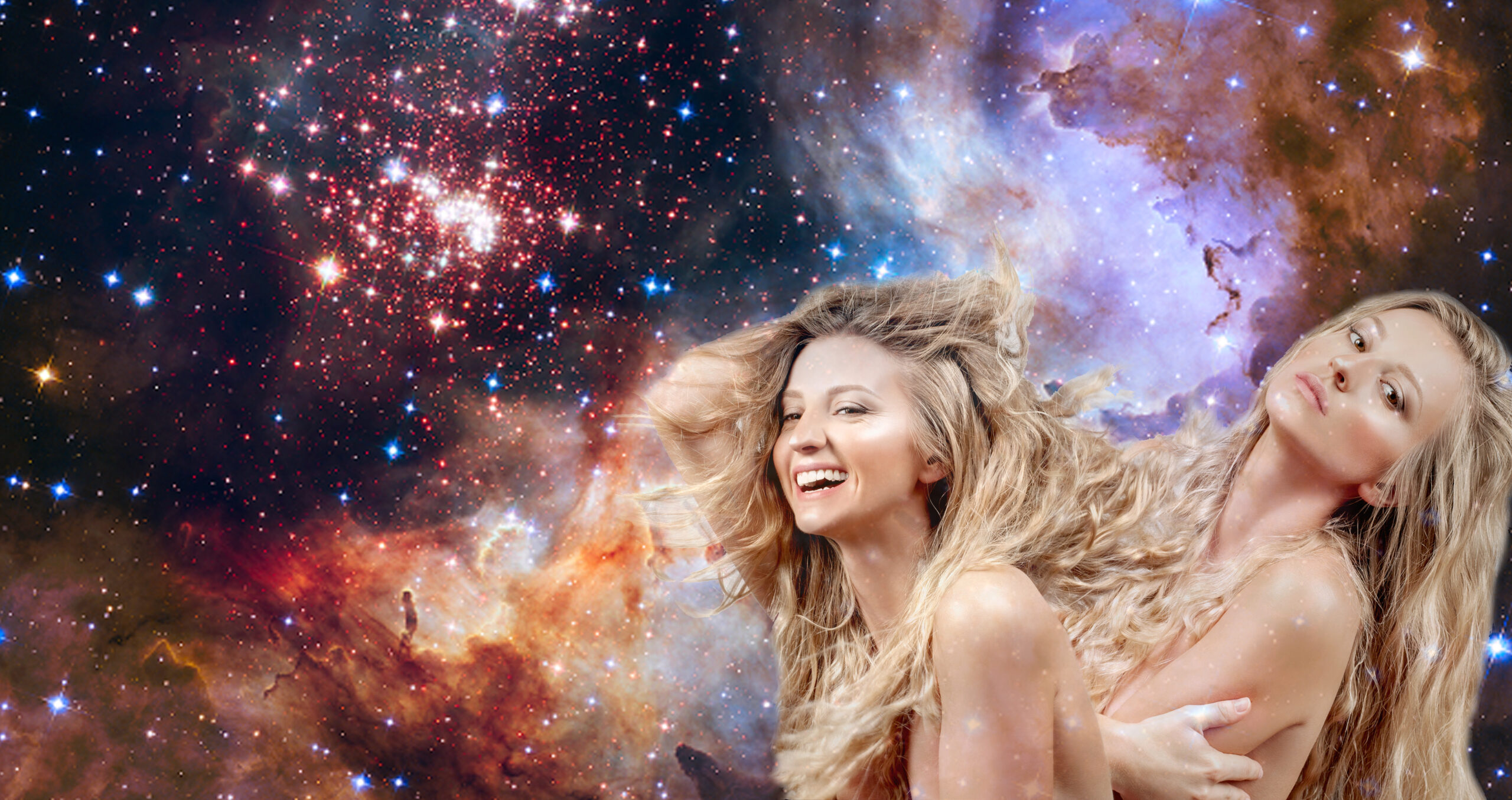 Beautiful blonde woman with curly long hair. Horoscope, Gemini Zodiac Sign on night sky background