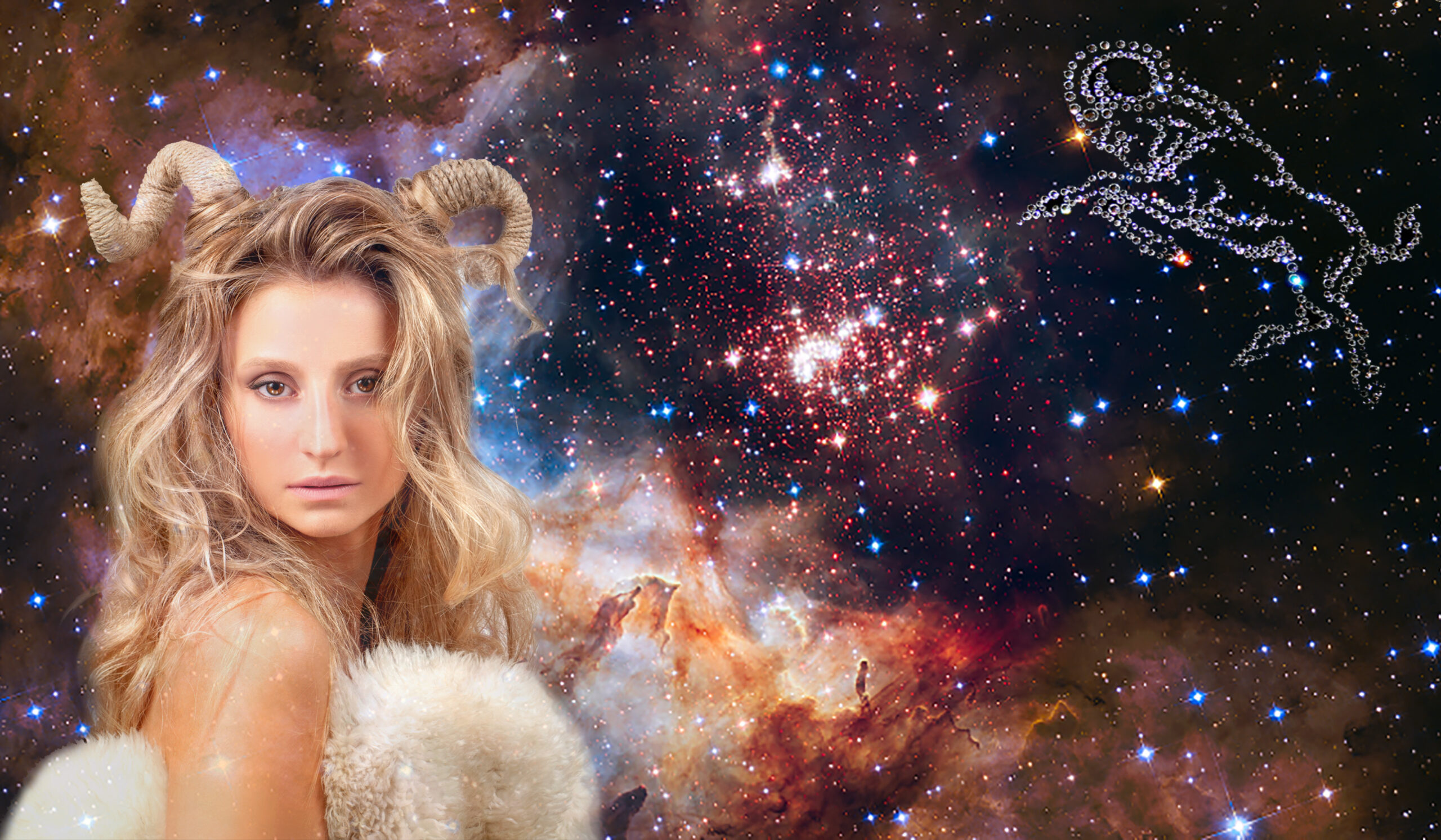 Aries Zodiac Sign. Astrology and horoscope concept, beautiful woman Aries on the galaxy background